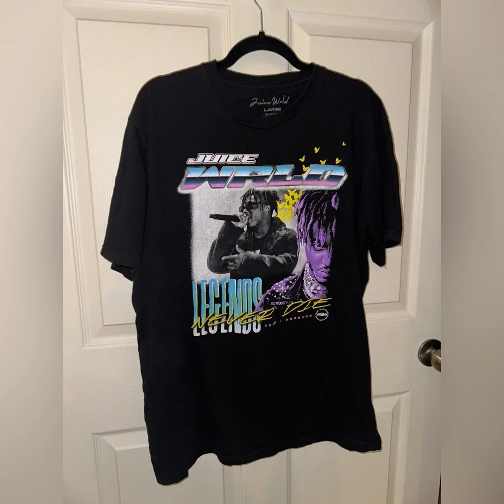 Juice Wrld Black Graphic T-Shirt Purple and Yellow Accents L music streetwear